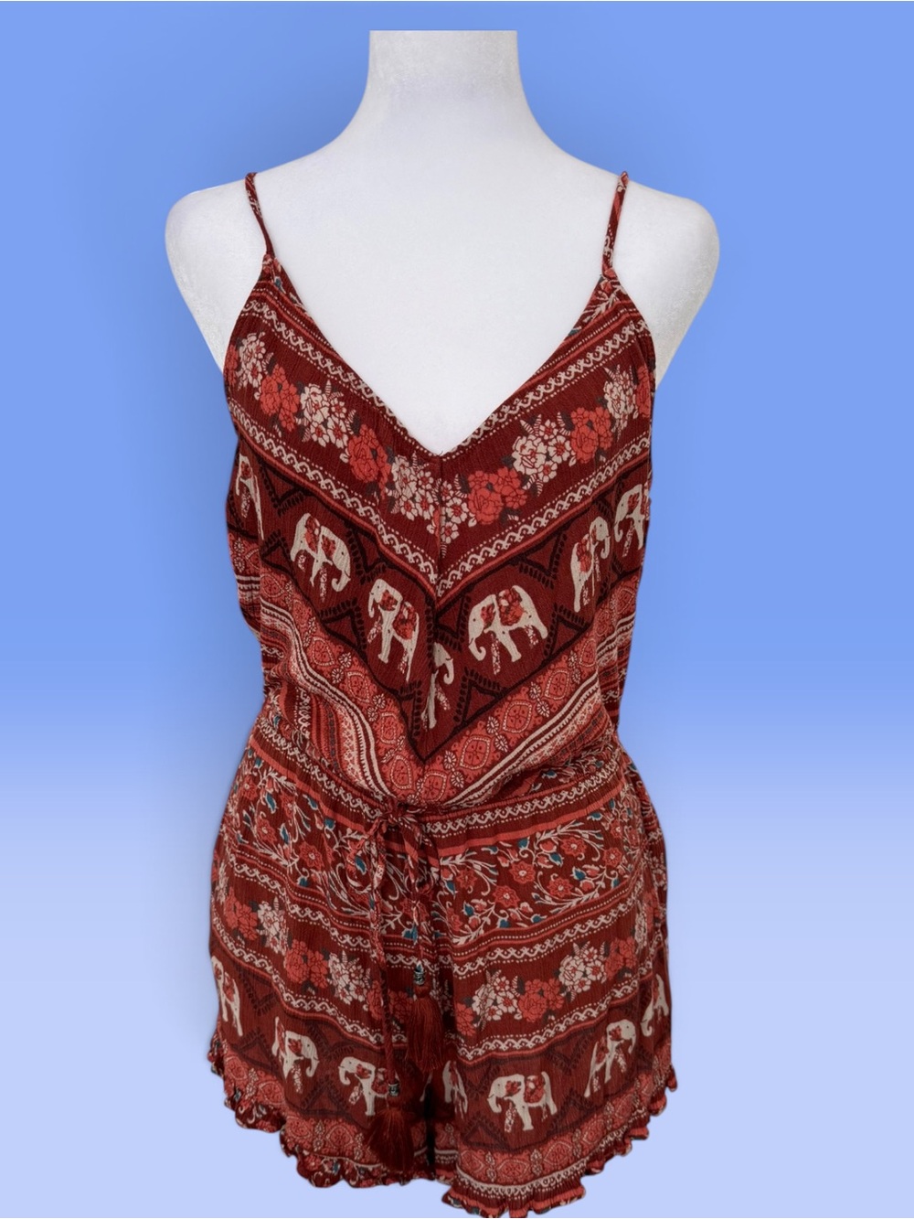 BE COOL Maroon Elephant Print Spaghetti-Strap Romper Tag says Lg but is a Small